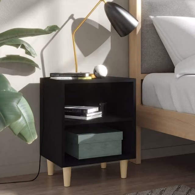 Berkfield Home Bed Cabinet in Black with Solid Wood Legs, W/D/H: 40 x 30 x 50 cm