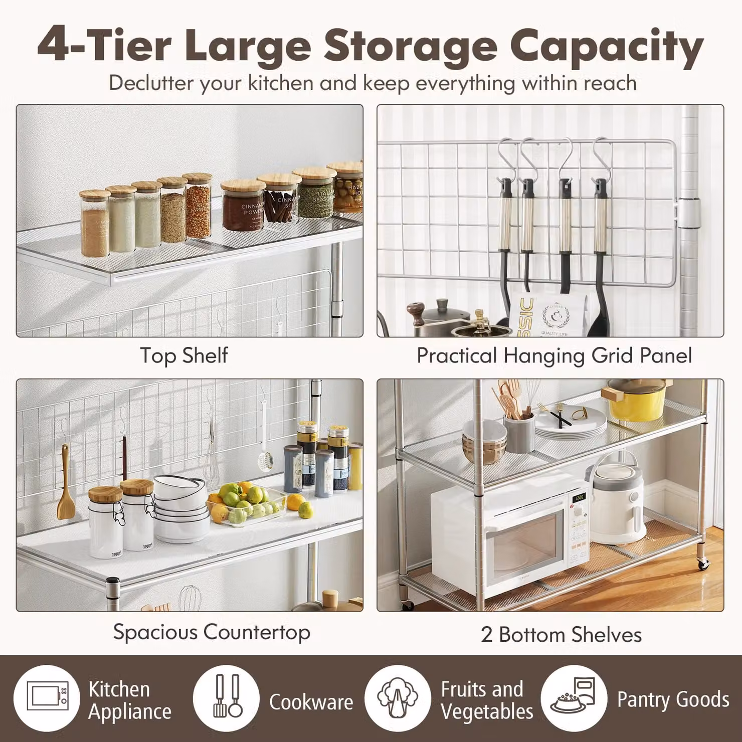 Gymax 4-Tier Metal Bakers Rack and Bar Table with Wheels and Adjustable Shelves in Silver – 2