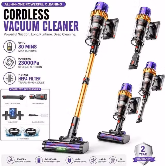 FLAVORA Cordless Bagless Stick Vacuum Cleaner with Anti-Tangle Roller for Pet Hair, 550W, Purple