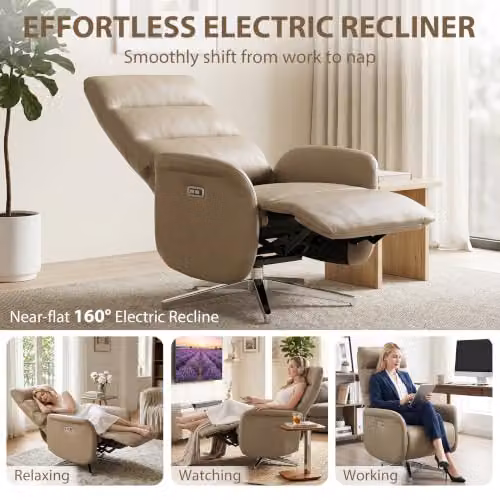 HOMCOM Brown Synthetic Leather Electric Swivel Recliner Armchair with USB Ports – 3