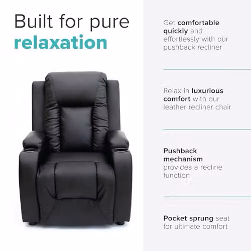 More4Homes Oscar Pushback Recliner Armchair in Black Bonded Leather with Cup Holders – 6