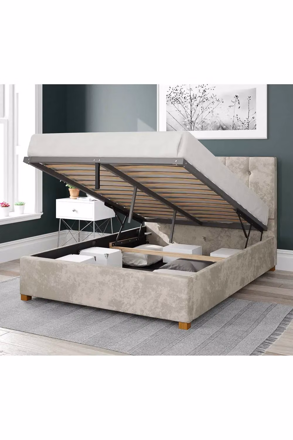 Aspire Hepburn Upholstered Ottoman Storage Bed in White Velvet Fabric, Super King, 200 x 200 cm – 2