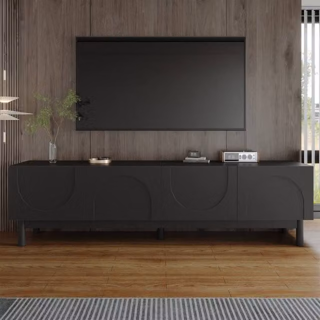 Merax Black Low TV Stand with Four Push-to-Open Doors and Solid Wood Legs, W: 169 cm, D: 45.5 cm, H: 45.5 cm – 1