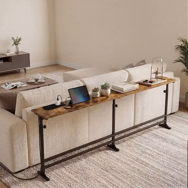 Levede Industrial Slim Console Table with Power Outlet in Brown and Black, W/D/H: 70 x 15 x 70 cm (Height Adjustable)