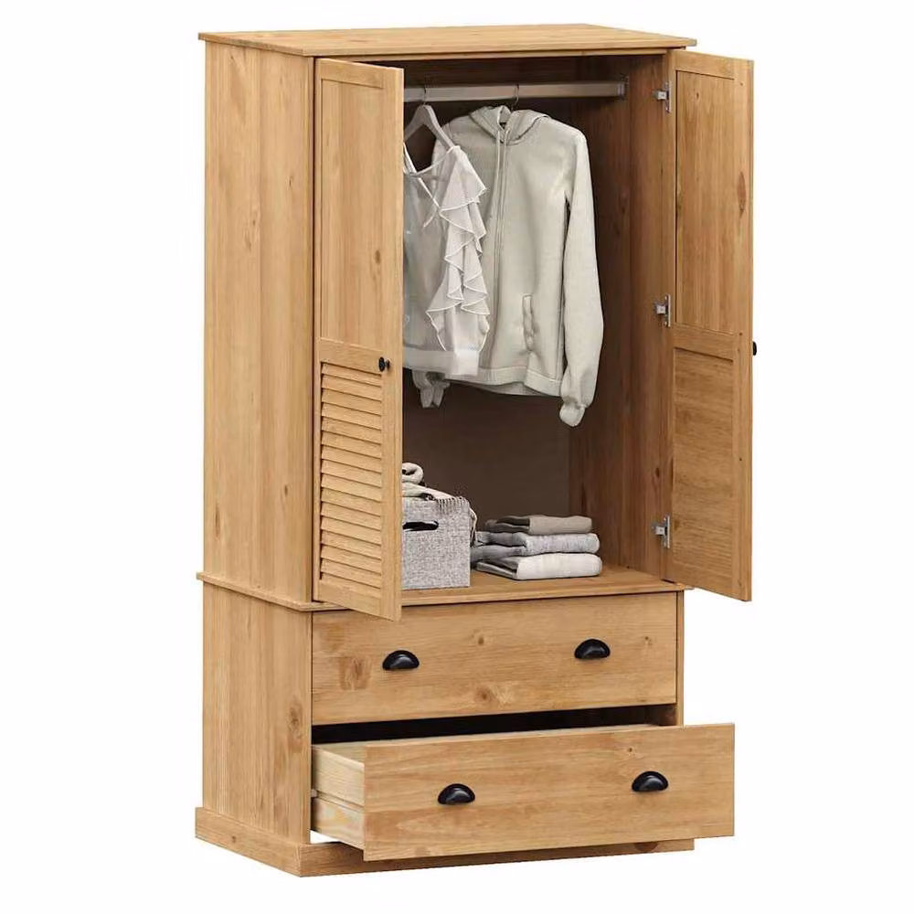 Berkfield Home VIGO Wardrobe in Brown Solid Pine with Internal Drawers and Hanging Rod, W/D/H: 90 x 55 x 176 cm – 2