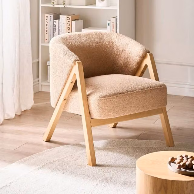 Wyld Haus Beige Bouclé Tub Armchair with Rubberwood Legs – 1