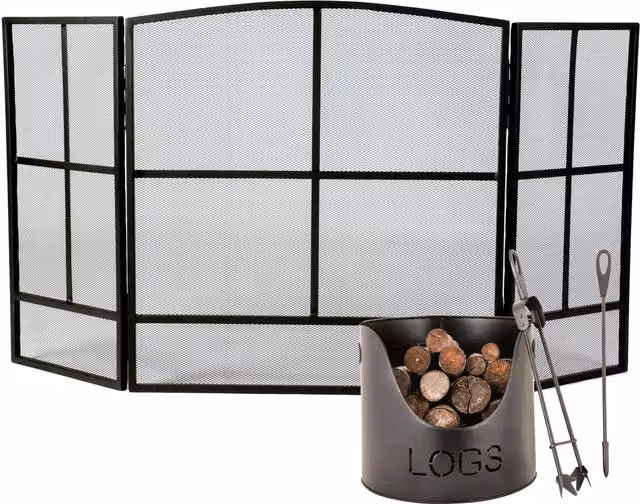 Dibor Contemporary Style Black Fire Screen Guard with Log and Kindling Bucket, H: 64 cm, W: 120 cm