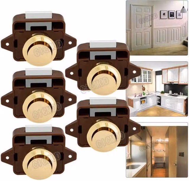 SPETLEK 5-Pack Push Button Catch Lock for Motorhome and Campervan Cupboards in Brown