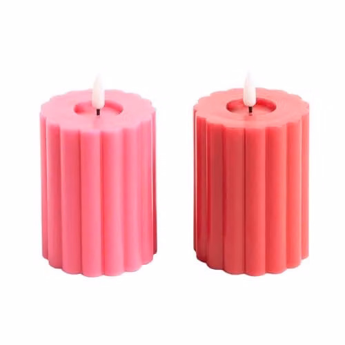 OHS Set of 2 Ribbed Flameless LED Pillar Candles with Flickering Effect in Red and Pink