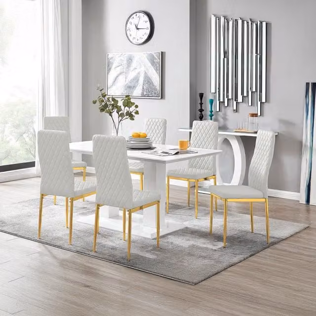 FurnitureboxUK Imperia White Dining Table and 6 Milan Gold Leg Chairs Set, White and Gold