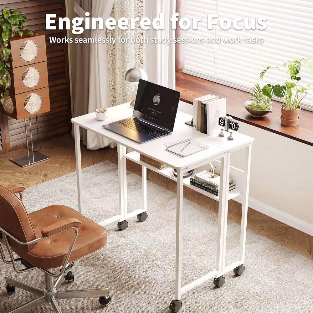 London Boutique Folding Computer Writing Table with Storage Shelf and Castors, White – 4