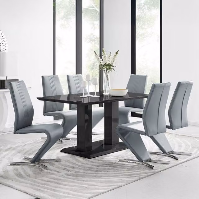 FurnitureboxUK Imperia High Gloss Rectangular Dining Table and 6 Luxury Willow Dining Chairs Set in Grey