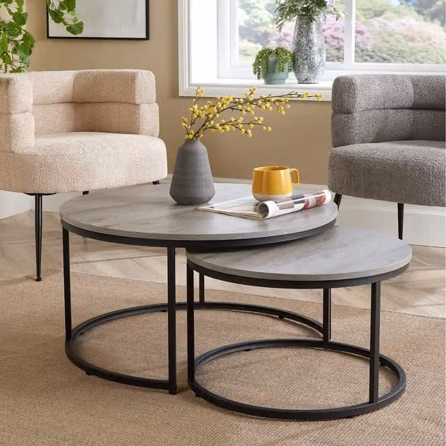 Home Source Oakmere Round Nest of 2 Tables in Grey Oak