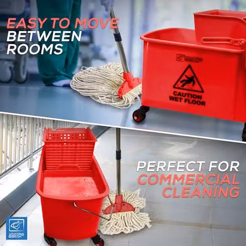 TDBS Kentucky Floor Mop and Bucket Set with Wringer and Refillable Head, Red and Yellow – 3