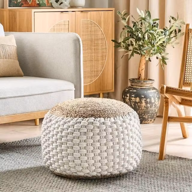 Wyld and Coco Round Knitted Pouf in White and Beige Cotton and Jute, W/D/H: 50 x 35 x 35 cm – 1