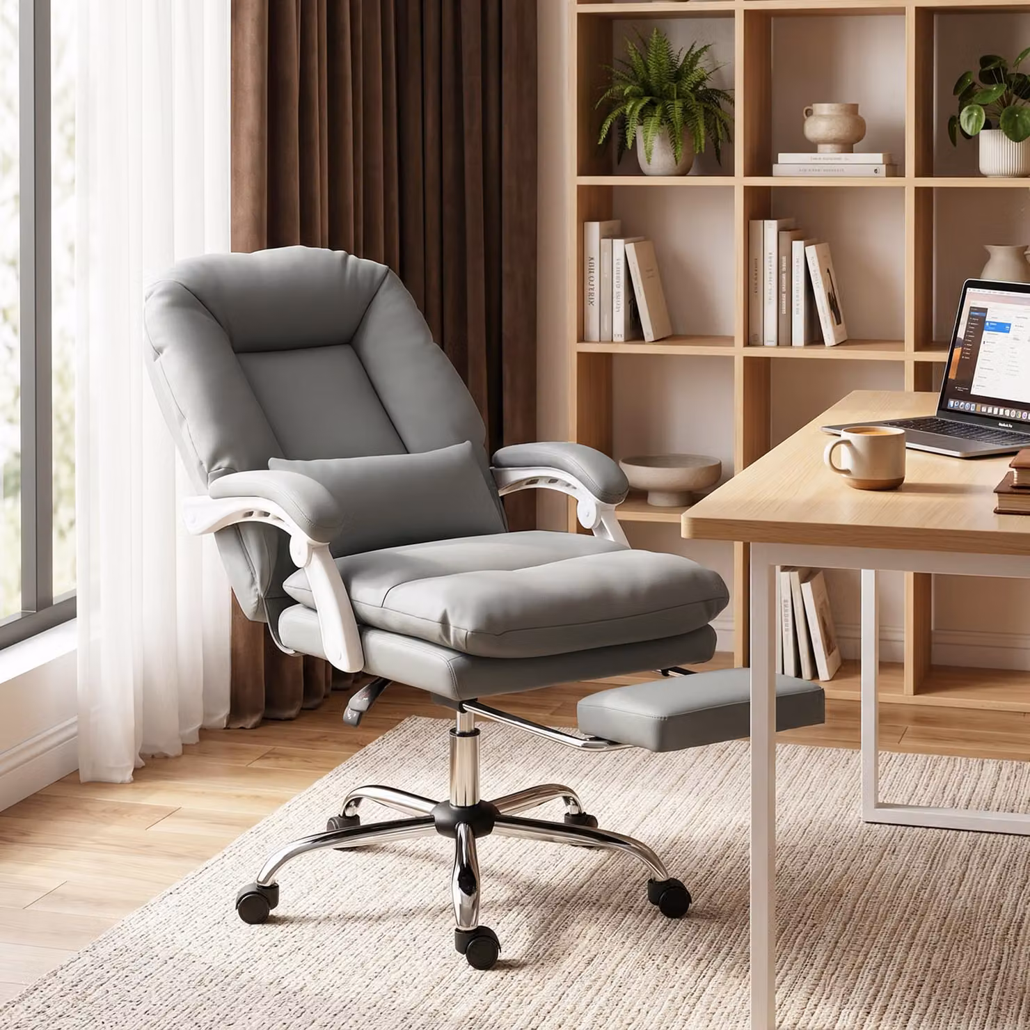 HOMCOM Grey Velvet Ergonomic Executive Office Chair with Headrest, Lumbar Support and Armrests – 2