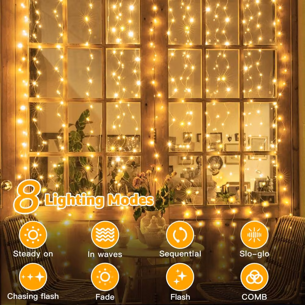 Ollny 300 LED Waterproof USB Curtain String Lights in Warm White, 3 x 3 m – 2