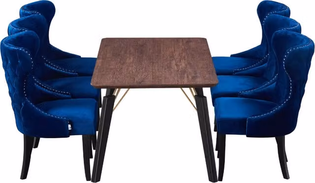 Mayfair Cosmo LUX Modern Rectangular Dining Set with Table and 6 Chairs in Blue, Black and Gold