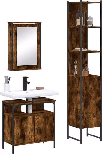 Berkfield Home 3 Piece Industrial Bathroom Furniture Set in Smoked Oak Brown – 1