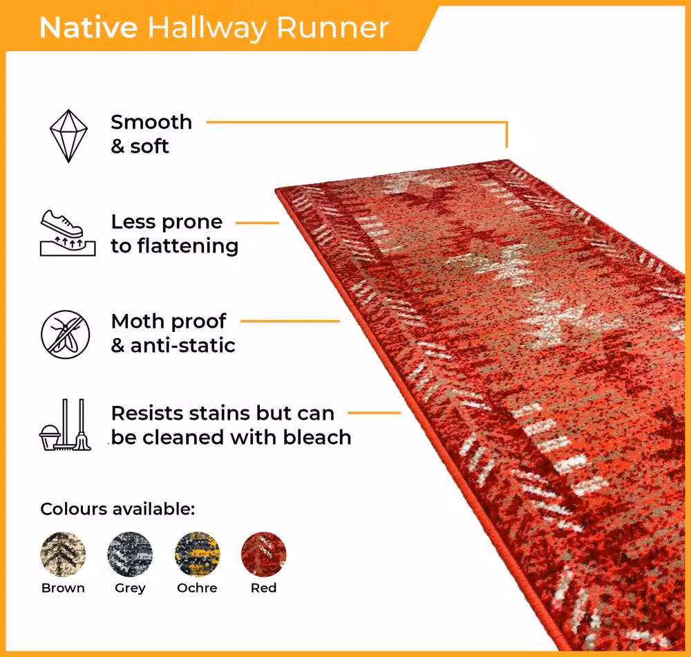 runrug Native Hallway Carpet Runner Rug in Red, W: 60 cm, L: 300 cm – 2