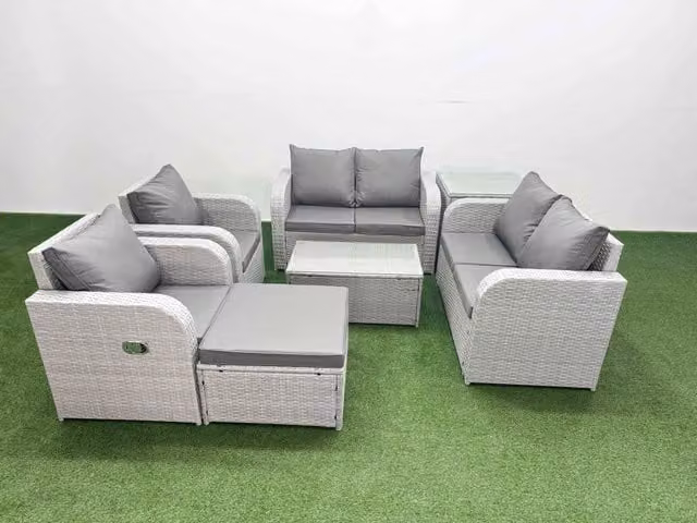 Fimous 7 Seater Rattan Garden Furniture Set in Light Grey with Reclining L-Shape Sofa, Coffee Table and Ottoman