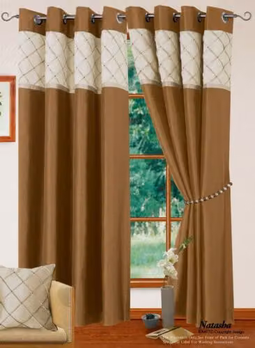 Intimates Natasha Dimante Faux Silk Eyelet Curtains, Latte Brown, W: 167.64 cm, H: 182.88 cm