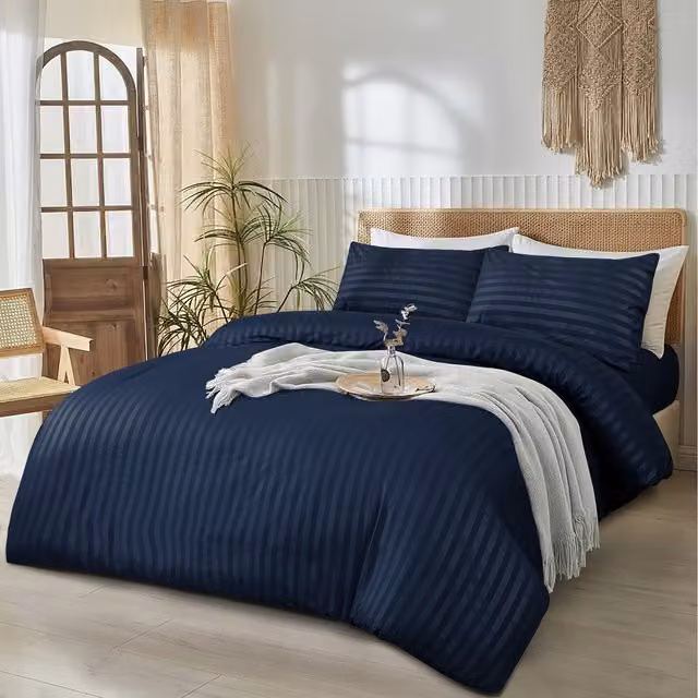 Cotton Passion 3-Piece Striped Duvet Cover and Pillowcase Set in Blue, W: 140 cm x L: 200 cm