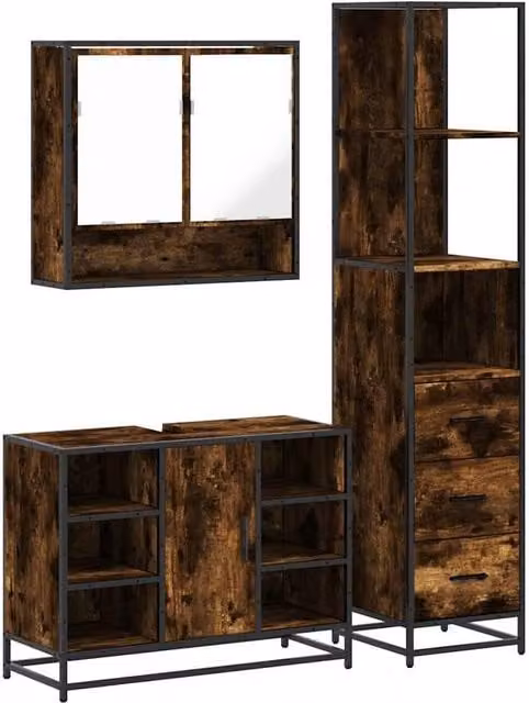 Berkfield Home 3-Piece Industrial Bathroom Furniture Set in Smoked Oak and Brown – 1