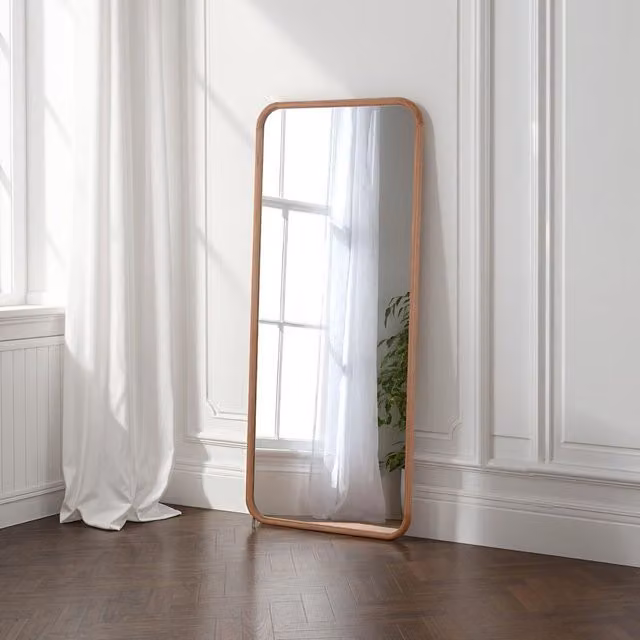 Yearn Minimalist Rectangular Solid Wood Wall Mirror in Brown
