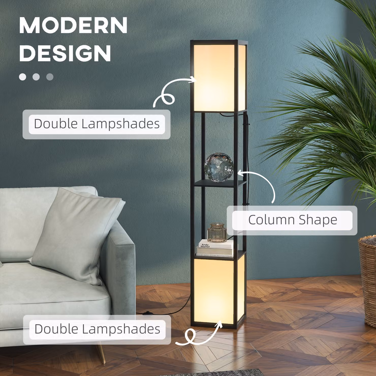 HOMCOM Floor Lamp with Two Shelves and Dual Ambient Light in Black – 4