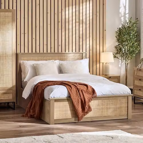 Julian Bowen Padstow Rattan Oak Ottoman King Bed Frame in Brown, W/D/H: 150 x 200 x 106 cm