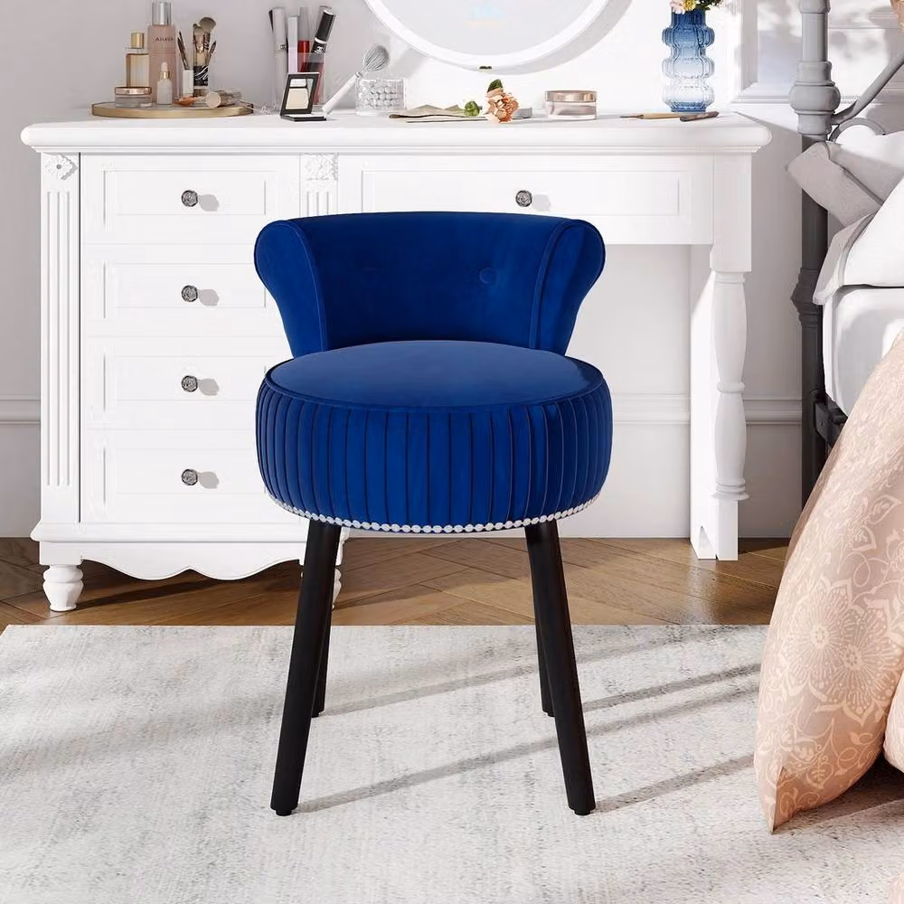 VOGREX Tufted Upholstered Vanity Stool with Rubberwood Legs in Blue – 5