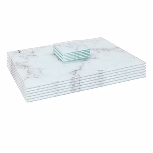 Harbour Housewares 12pc Glass Placemats and Coasters Set in White Marble Effect, W/D: 40 x 30 cm – 1