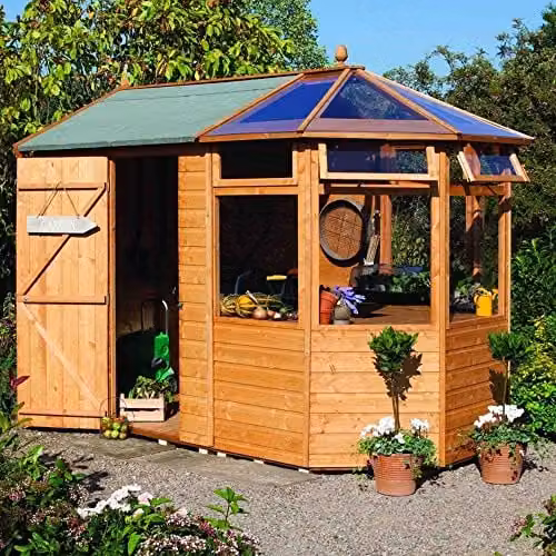 Rowlinsons Brown Wooden Potting Store, W: 204 cm, D: 313.6 cm, H: 234 cm