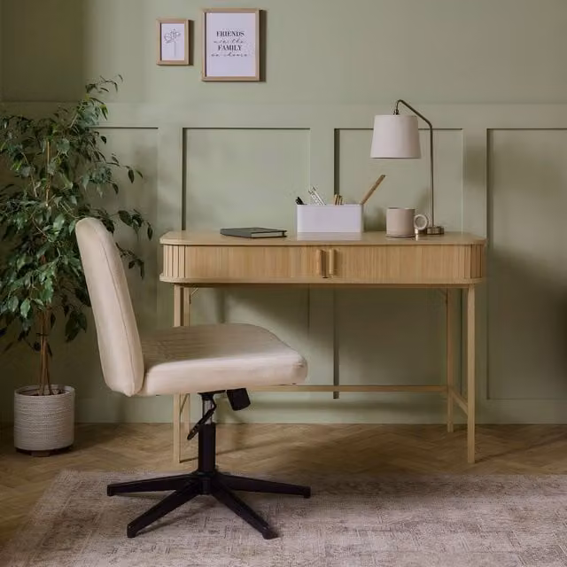 VonHaus Velvet Upholstered Home Office Chair with Armrests in Beige