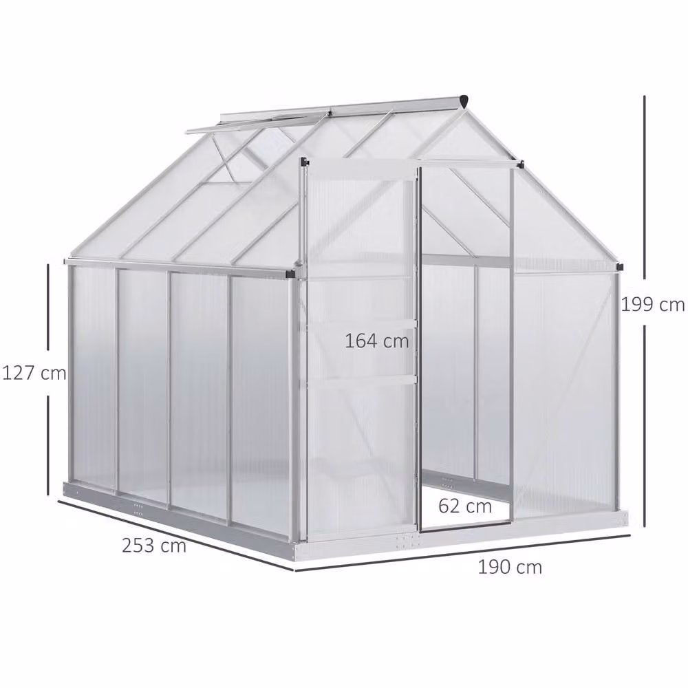 STILVORA Walk-In Greenhouse with Sliding Door and Polycarbonate Windows in Silver, W/D/H: 190 x 253 x 199 cm – 4