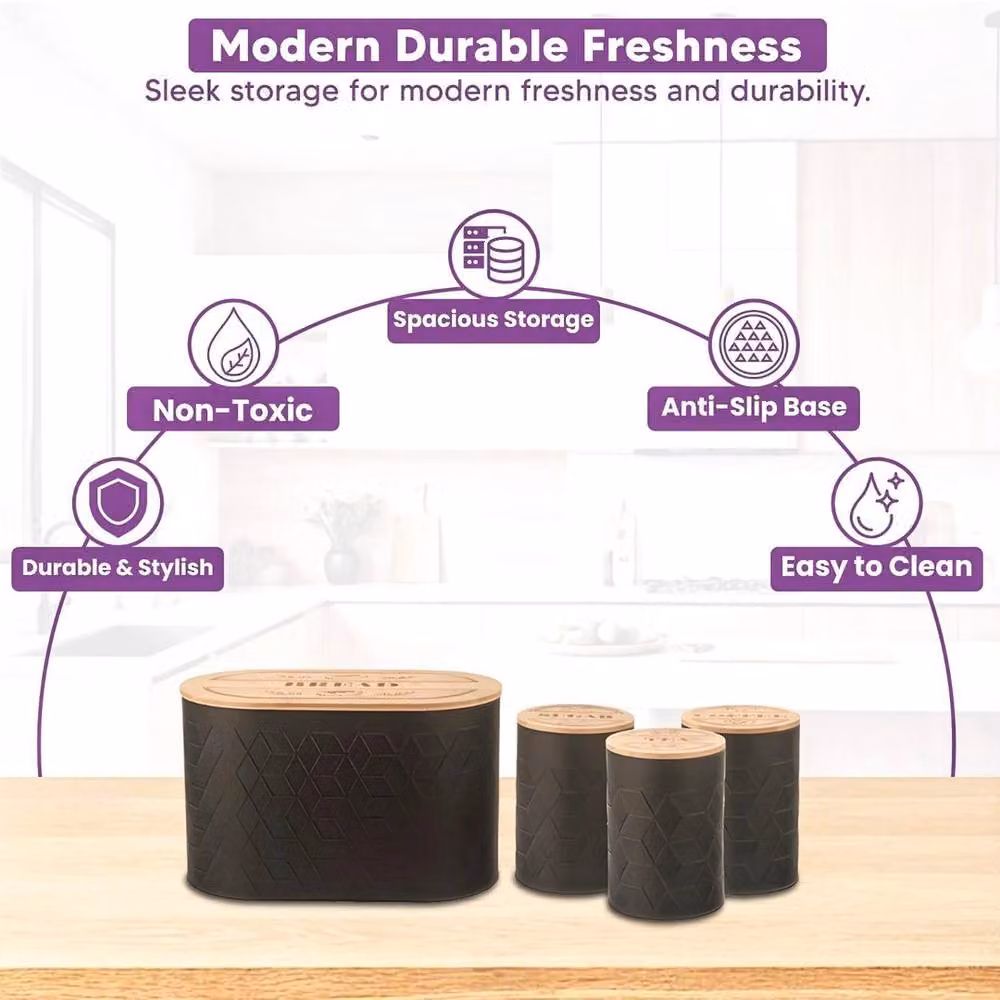 FORGEVIO 4-Piece Airtight and Leakproof Geometric Kitchen Storage Container Set with Bamboo Lids in Black – 4