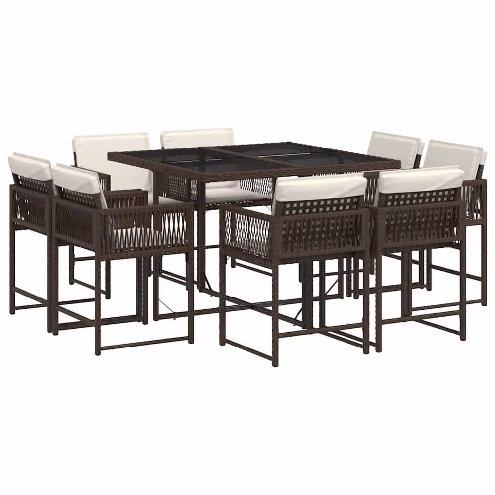 Berkfield Home 9 Piece Brown Poly Rattan Garden Dining Set with Cushions and Glass Tabletop – 2
