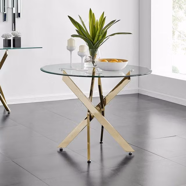 FurnitureboxUK Novara Round Glass and Metal 4-Seater Dining Table in Gold and Black, Diameter: 100 cm – 1