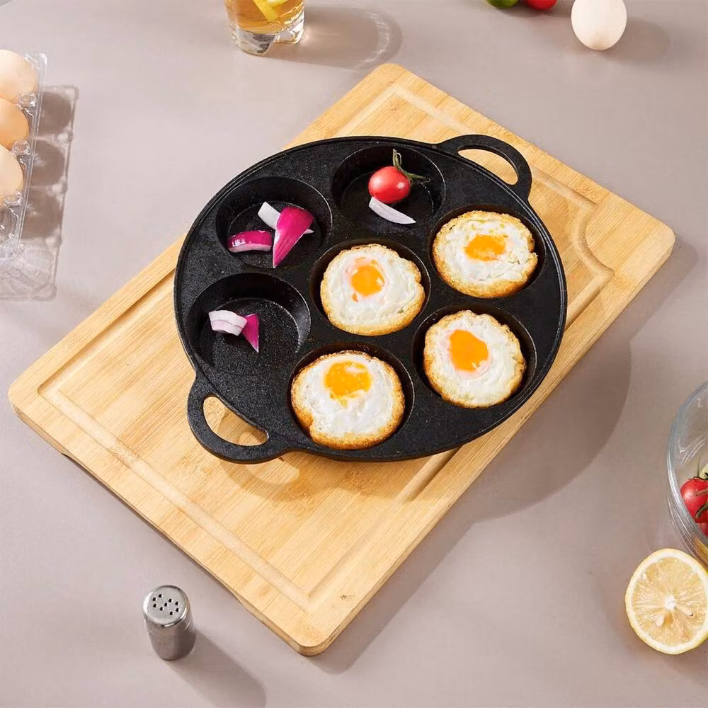 EONLION Black Cast Iron 7 Hole Mini Pancake and Crepe Pan with Double Handles, Diameter: 25 cm – 4