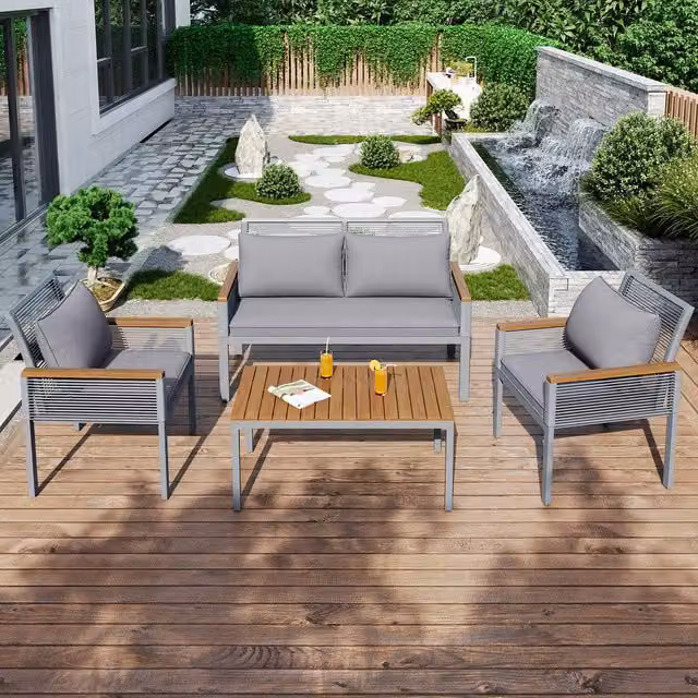 BTM Grey Rattan Garden Lounge Set with Upholstered Cushions and Outdoor Coffee Table – 1