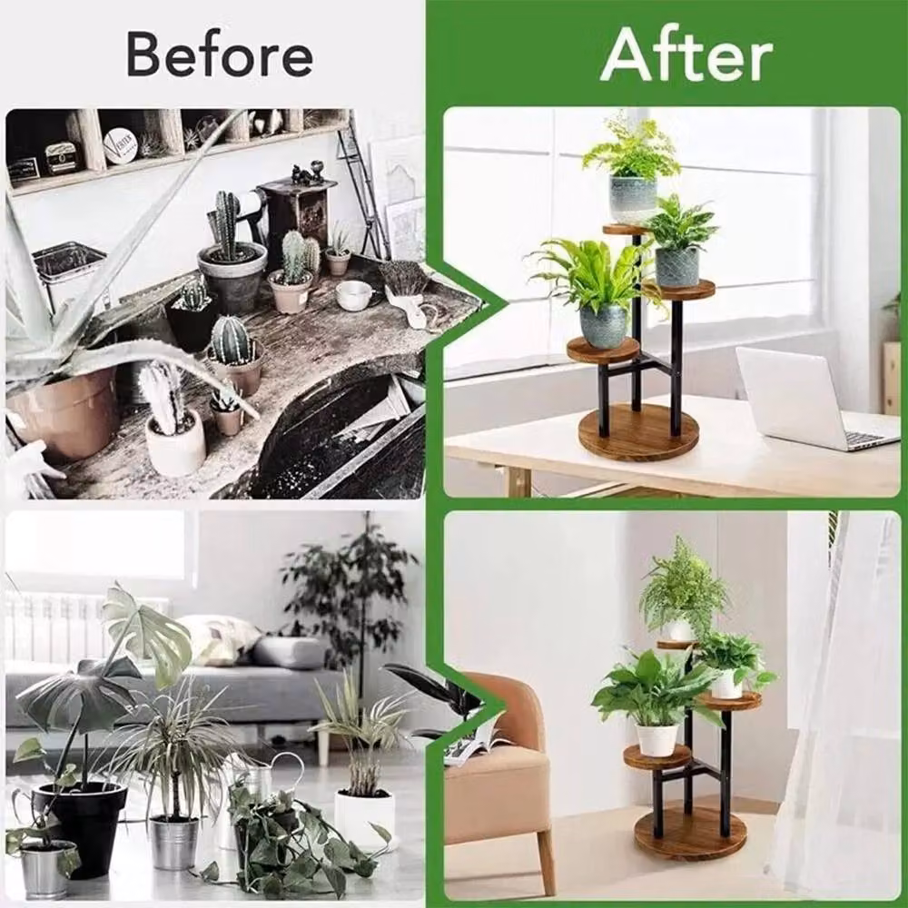 PAWNORA 3 Tier Metal and Wooden Plant Display Stand in Brown, W: 100 cm, D: 15 cm, H: 15 cm – 3