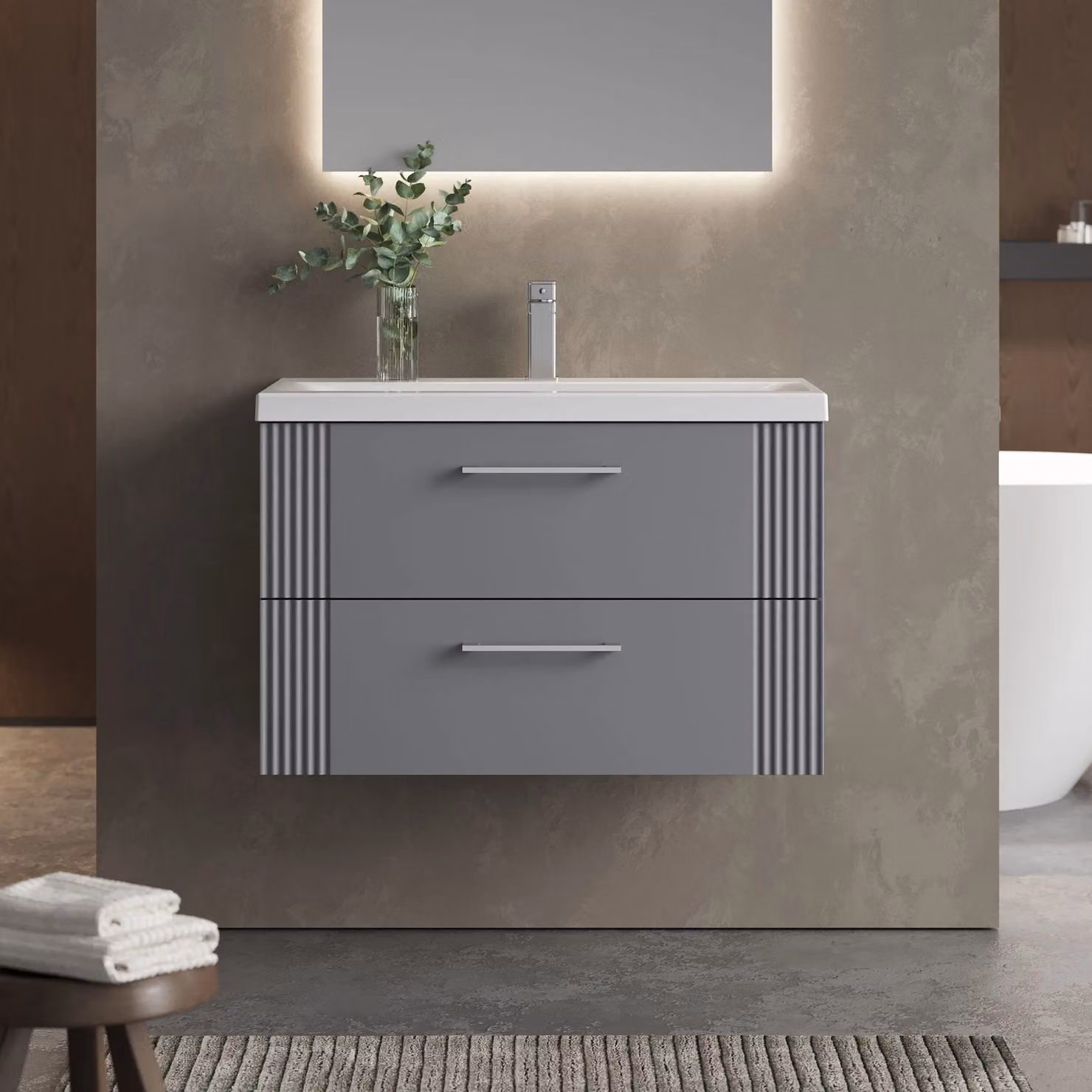 Balterley Wall Hung 2 Drawer Vanity Unit with Mid-Edge Basin, Satin Grey – 2