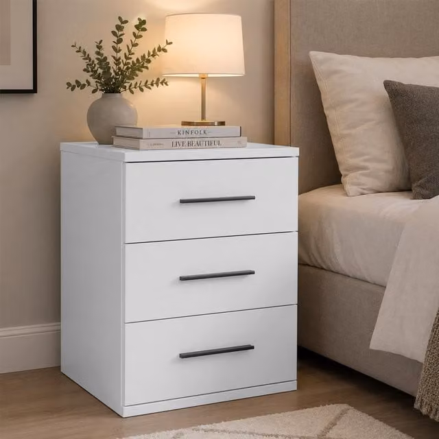 KDMD Modern Matt White 3 Drawer Bedside Cabinet