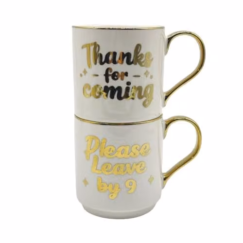 Lesser & Pavey Gold Edition Thanks for Coming Stackable Bone China Mug Set in White and Gold, 300ml – 1