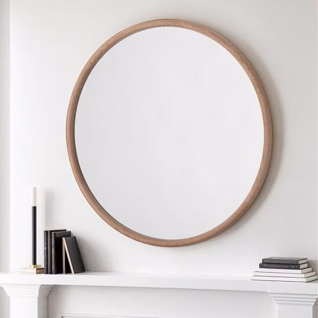 Yearn Round Wood and Glass Wall Mirror in Brown