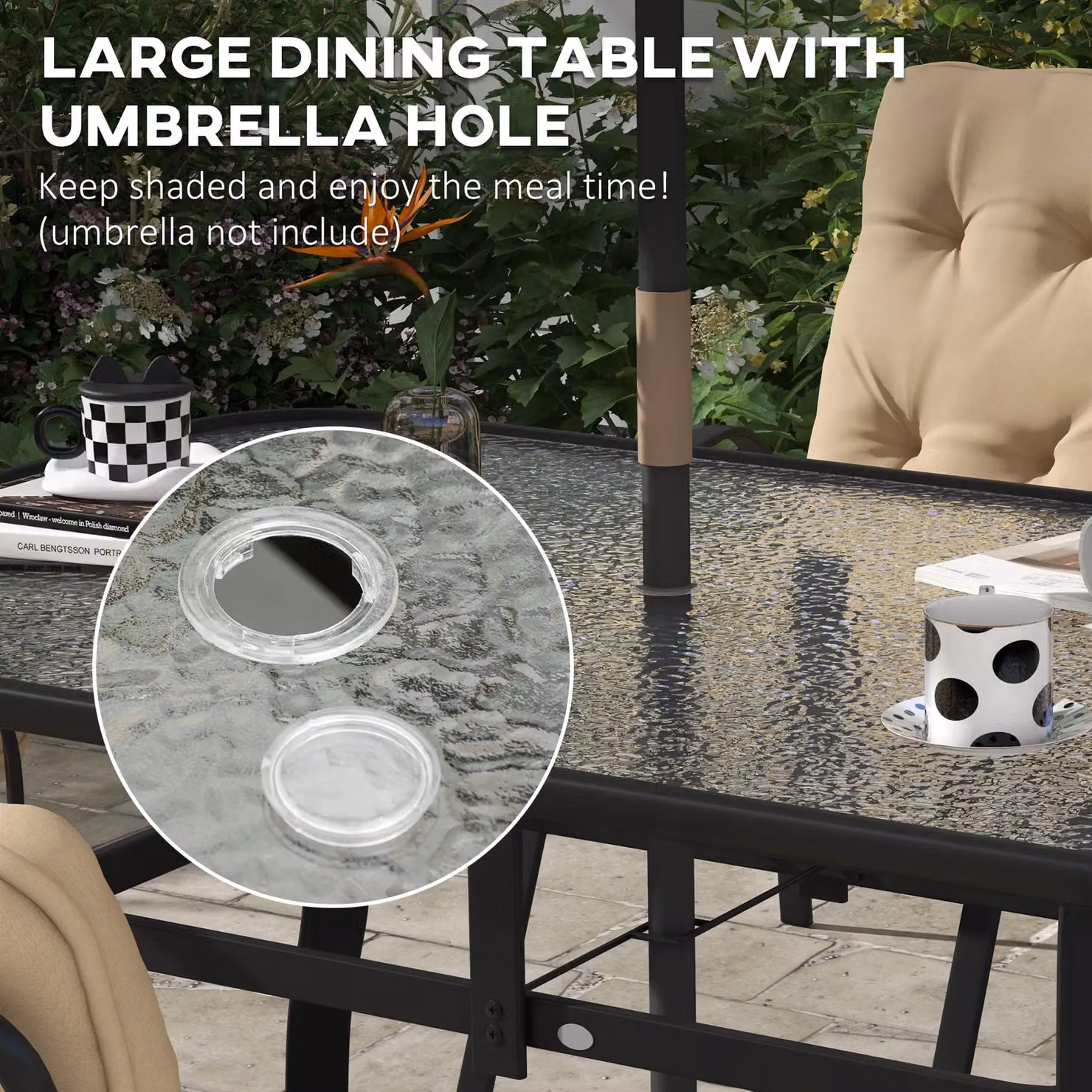 OUTSUNNY 7 Piece Garden Dining Set with Beige Cushions and Glass Top Table – 3