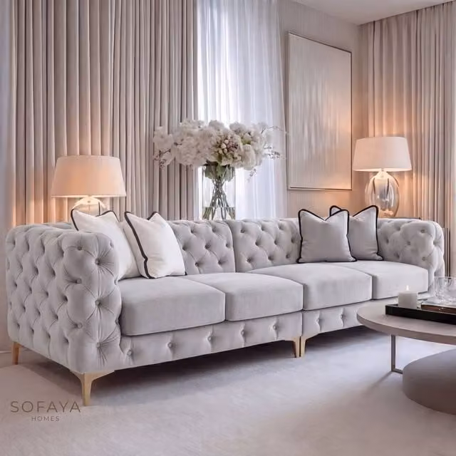 Sofaya Monaco Chesterfield 4 Seater L-Shape Velvet Sofa in Grey with Scatter Cushions