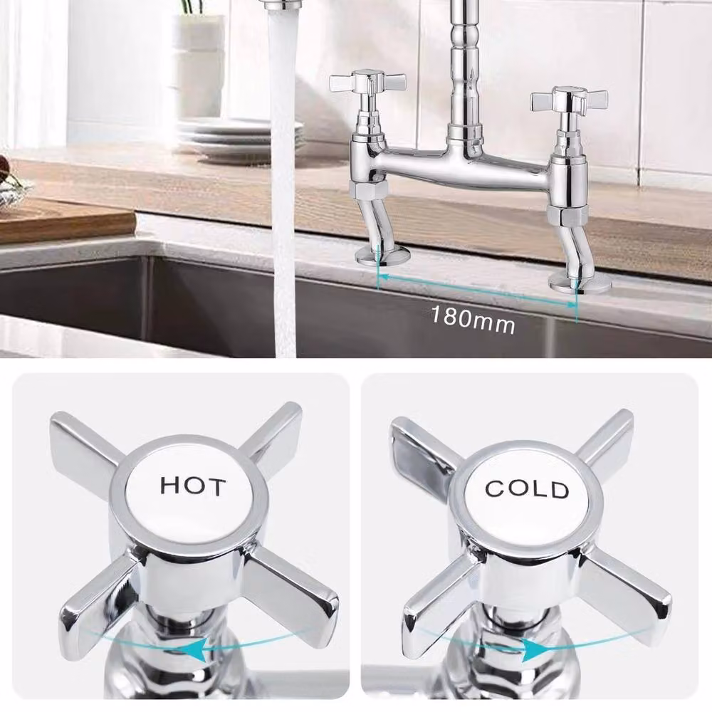 Hinsinc Chrome Bridge Mixer Tap with Crosshead Handles and Swivel Spout in Silver – 2