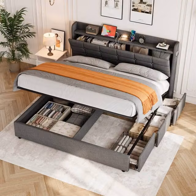 BTM Grey 5ft King Size Upholstered Bed with Hydraulic Storage and Charging Headboard W/D/H: 150 x 200 x 113 cm